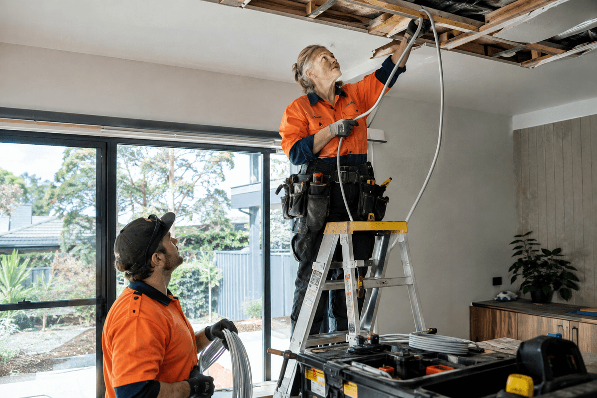 Trades: Electricians Google Reviews, Replies and Reputation: A Practical Local SEO Routine. Photo: Electricians at work