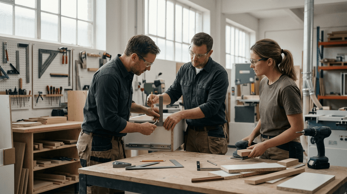 Trades: Cabinet Makers Psychosocial Hazards: Your New Workplace Safety Obligation. Photo: Cabinet Makers at work